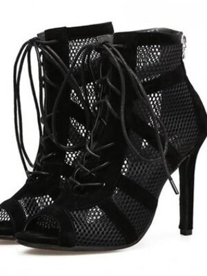 Elegant Lace-Up Mesh Peep Toe Stiletto Ankle Boots - Image 7