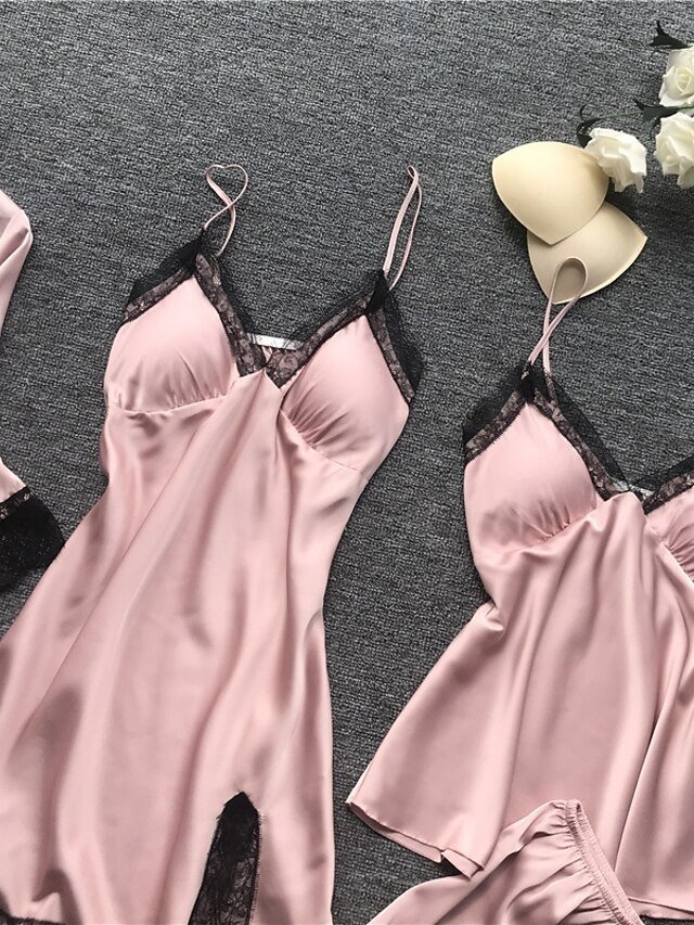 Elegant Loose Pure Colour Strap Neck Short Sleeve Silk Pyjama Set - Image 2