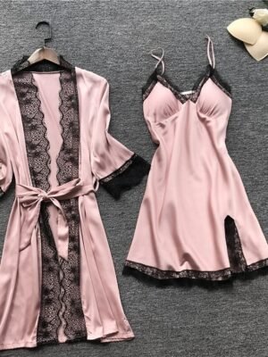 Elegant Loose Pure Colour Strap Neck Short Sleeve Silk Pyjama Set - Image 4