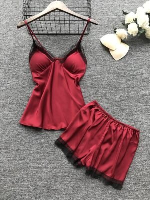 Elegant Loose Pure Colour Strap Neck Short Sleeve Silk Pyjama Set - Image 6