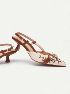 Elegant Low Heel Embroidered Slingback Chain Detail Pumps - Image 5