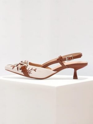 Elegant Low Heel Embroidered Slingback Chain Detail Pumps - Image 7