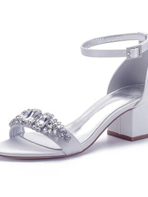 Elegant Low Heel Rhinestone Embellished Ankle Strap Wedding Sandals - Image 4