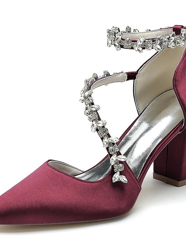 Elegant Luxurious Rhinestone Chunky Heel Satin Ankle Strap Pumps - Image 10