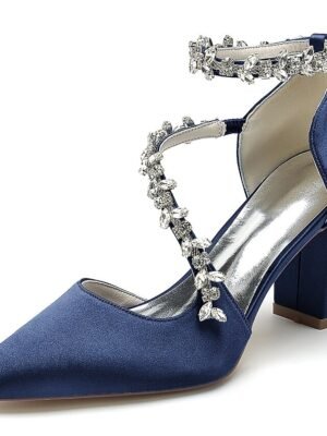 Elegant Luxurious Rhinestone Chunky Heel Satin Ankle Strap Pumps - Image 11
