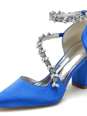 Elegant Luxurious Rhinestone Chunky Heel Satin Ankle Strap Pumps - Image 12