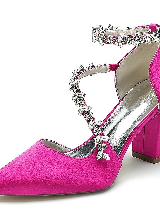 Elegant Luxurious Rhinestone Chunky Heel Satin Ankle Strap Pumps - Image 13