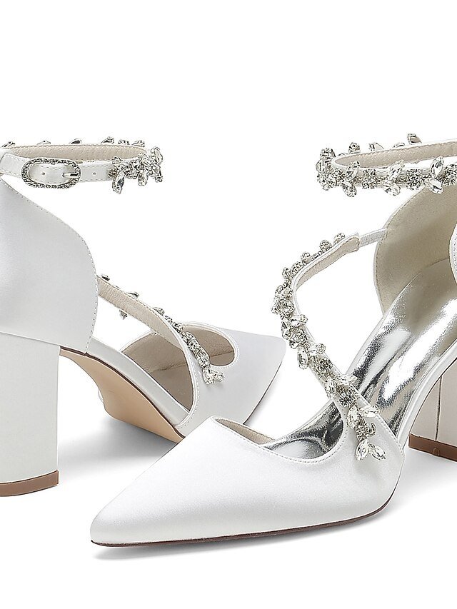 Elegant Luxurious Rhinestone Chunky Heel Satin Ankle Strap Pumps - Image 3