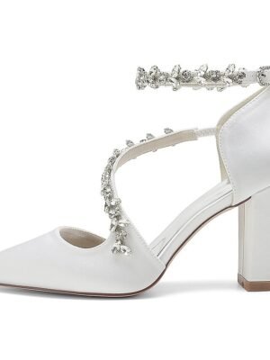 Elegant Luxurious Rhinestone Chunky Heel Satin Ankle Strap Pumps - Image 4