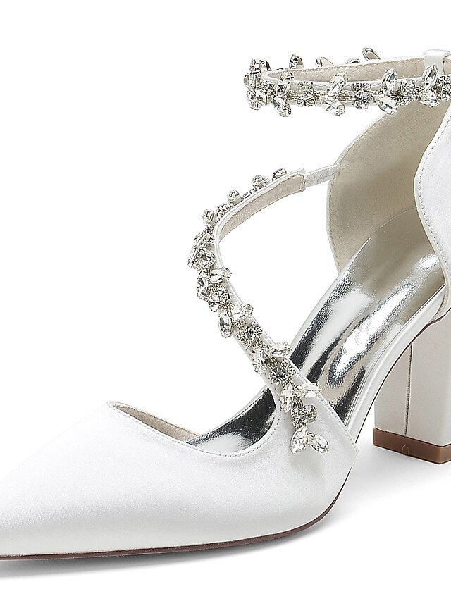 Elegant Luxurious Rhinestone Chunky Heel Satin Ankle Strap Pumps - Image 6