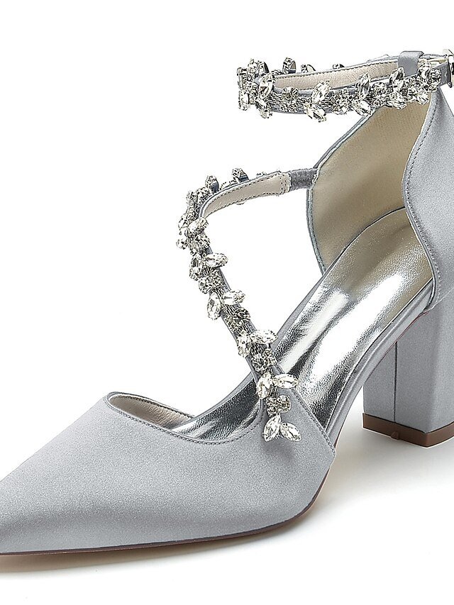 Elegant Luxurious Rhinestone Chunky Heel Satin Ankle Strap Pumps - Image 8
