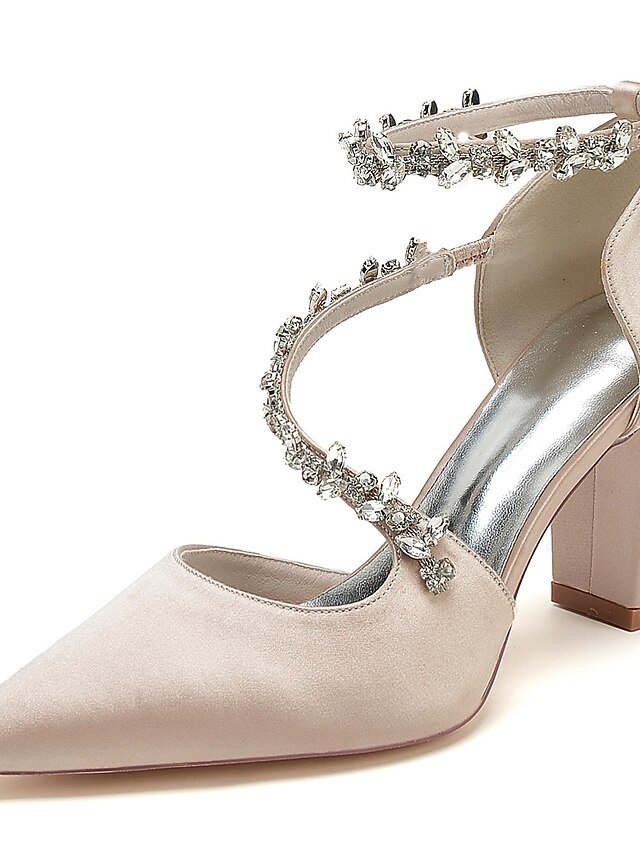 Elegant Luxurious Rhinestone Chunky Heel Satin Ankle Strap Pumps - Image 9