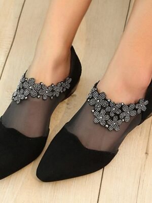 Elegant Mesh Floral Rhinestone Pointed Ankle Boots - Image 3