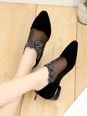 Elegant Mesh Floral Rhinestone Pointed Ankle Boots - Image 6