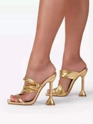 Elegant Metallic Knot Strap Open-Toe High Heel Mules - Image 3