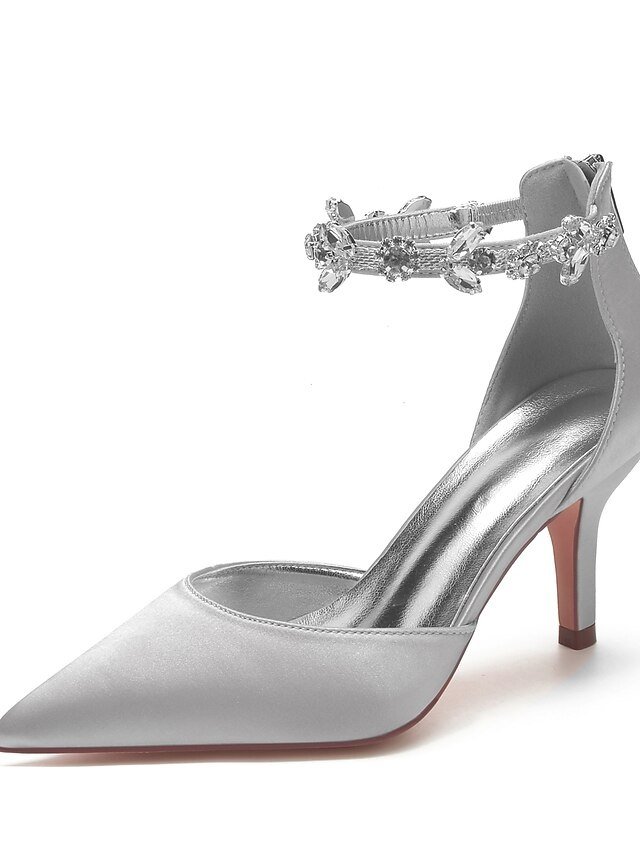 Elegant Mid Heel Silver Satin Rhinestone Pointed-Toe Wedding Heels - Image 1