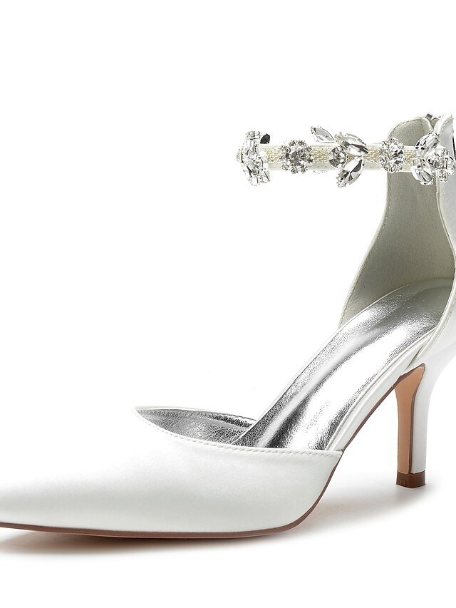 Elegant Mid Heel Silver Satin Rhinestone Pointed-Toe Wedding Heels - Image 2
