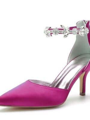 Elegant Mid Heel Silver Satin Rhinestone Pointed-Toe Wedding Heels - Image 24