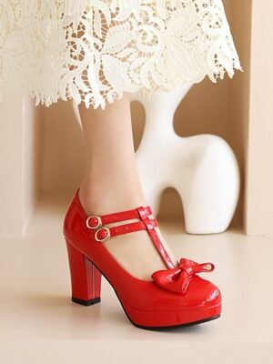 Elegant Minimalism Solid Bowknot Round Toe Low Chunky Heel Mary Jane Shoes - Image 1