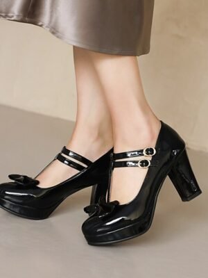 Elegant Minimalism Solid Bowknot Round Toe Low Chunky Heel Mary Jane Shoes - Image 12