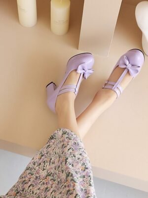 Elegant Minimalism Solid Bowknot Round Toe Low Chunky Heel Mary Jane Shoes - Image 3