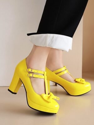 Elegant Minimalism Solid Bowknot Round Toe Low Chunky Heel Mary Jane Shoes - Image 6