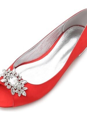 Elegant Navy Blue Satin Peep-Toe Flats with Rhinestones - Image 10