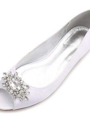 Elegant Navy Blue Satin Peep-Toe Flats with Rhinestones - Image 4
