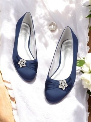 Elegant Navy Satin Round Toe Rhinestone Embellished Ballet Flats - Image 1