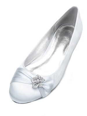 Elegant Navy Satin Round Toe Rhinestone Embellished Ballet Flats - Image 11