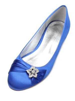 Elegant Navy Satin Round Toe Rhinestone Embellished Ballet Flats - Image 14