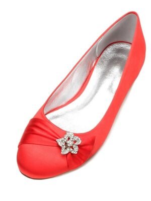 Elegant Navy Satin Round Toe Rhinestone Embellished Ballet Flats - Image 15