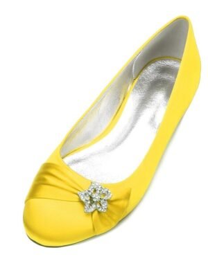 Elegant Navy Satin Round Toe Rhinestone Embellished Ballet Flats - Image 16