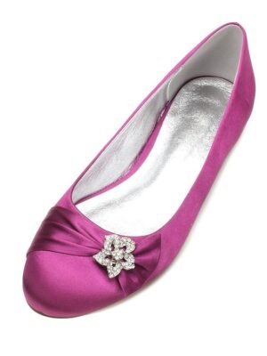 Elegant Navy Satin Round Toe Rhinestone Embellished Ballet Flats - Image 17