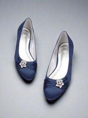 Elegant Navy Satin Round Toe Rhinestone Embellished Ballet Flats - Image 5
