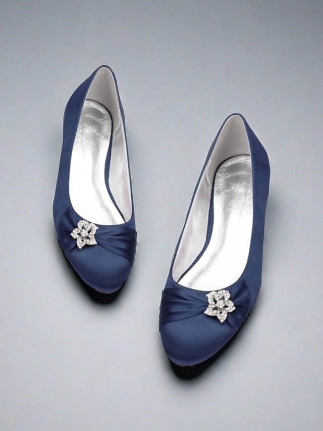 Elegant Navy Satin Round Toe Rhinestone Embellished Ballet Flats - Image 5