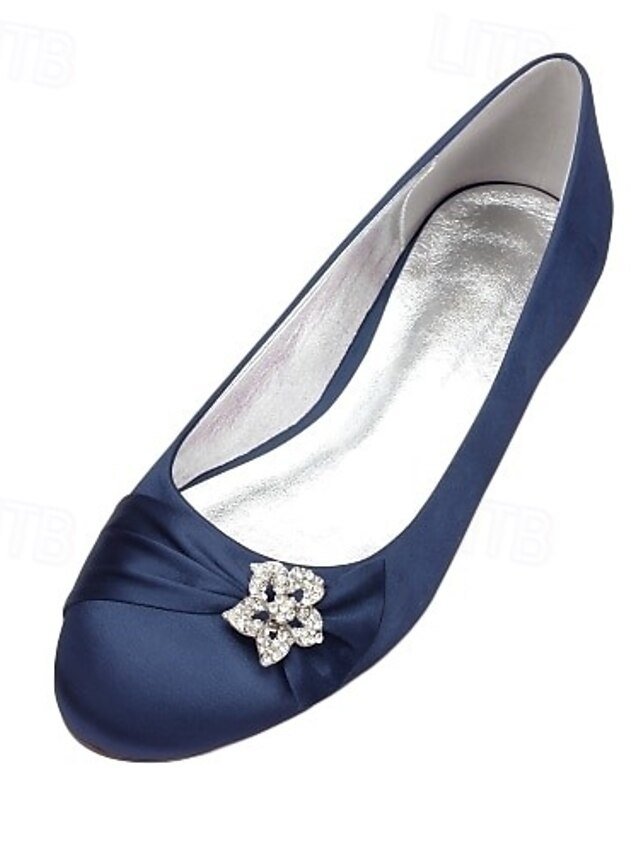 Elegant Navy Satin Round Toe Rhinestone Embellished Ballet Flats - Image 6