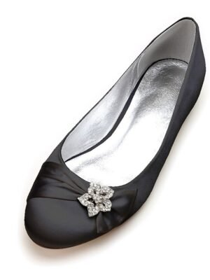 Elegant Navy Satin Round Toe Rhinestone Embellished Ballet Flats - Image 7