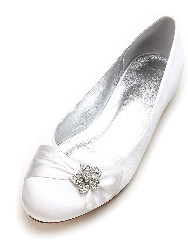 Elegant Navy Satin Round Toe Rhinestone Embellished Ballet Flats - Image 8