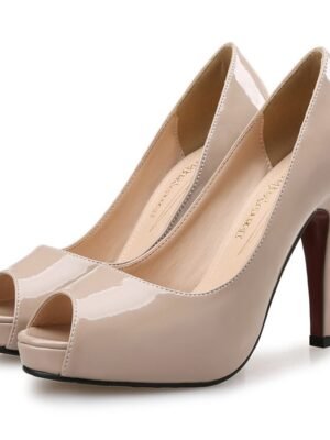 Elegant Nude Patent Leather Peep Toe Stiletto Heels - Image 1