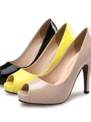 Elegant Nude Patent Leather Peep Toe Stiletto Heels - Image 10