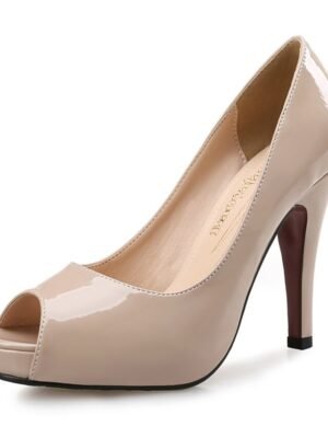 Elegant Nude Patent Leather Peep Toe Stiletto Heels - Image 2