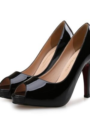 Elegant Nude Patent Leather Peep Toe Stiletto Heels - Image 6