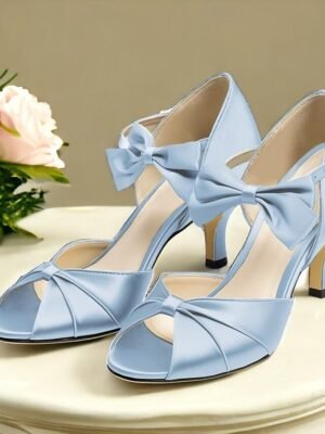 Elegant Open-Toe Bow Detail High Heel Satin Sandals - Image 8