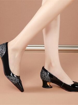 Elegant Patent Glitter Pointed Toe Block Heels - Image 8