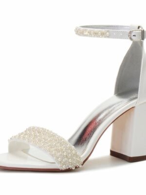 Elegant Pearl Embellished Ankle Strap Block Heel Sandals - Image 4