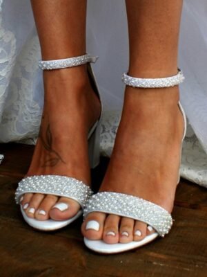 Elegant Pearl Embellished Ankle Strap Block Heel Sandals - Image 9