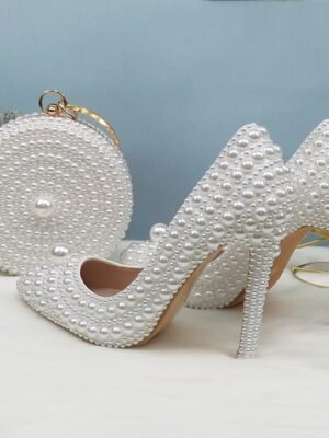 Elegant Pearl-Embellished Stiletto Heels & Purse Set - Image 3