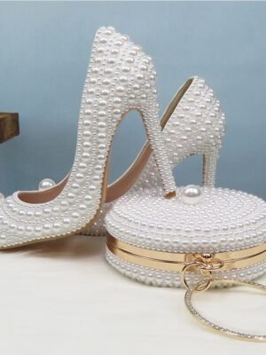 Elegant Pearl-Embellished Stiletto Heels & Purse Set - Image 4