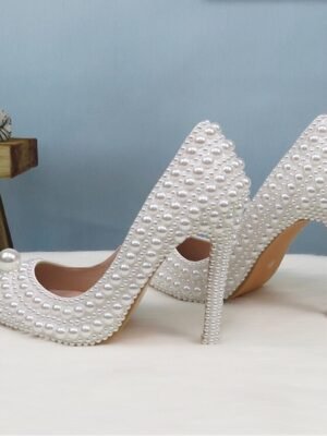 Elegant Pearl-Embellished Stiletto Heels & Purse Set - Image 9